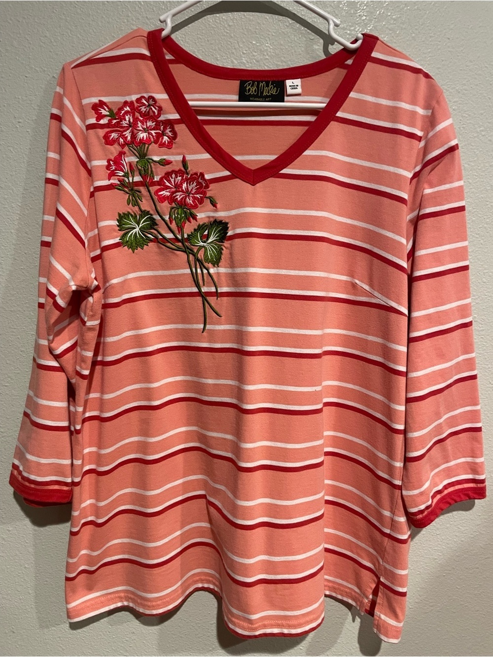 Bob Mackie Coral Stripe V-Neck with Floral Embroidery